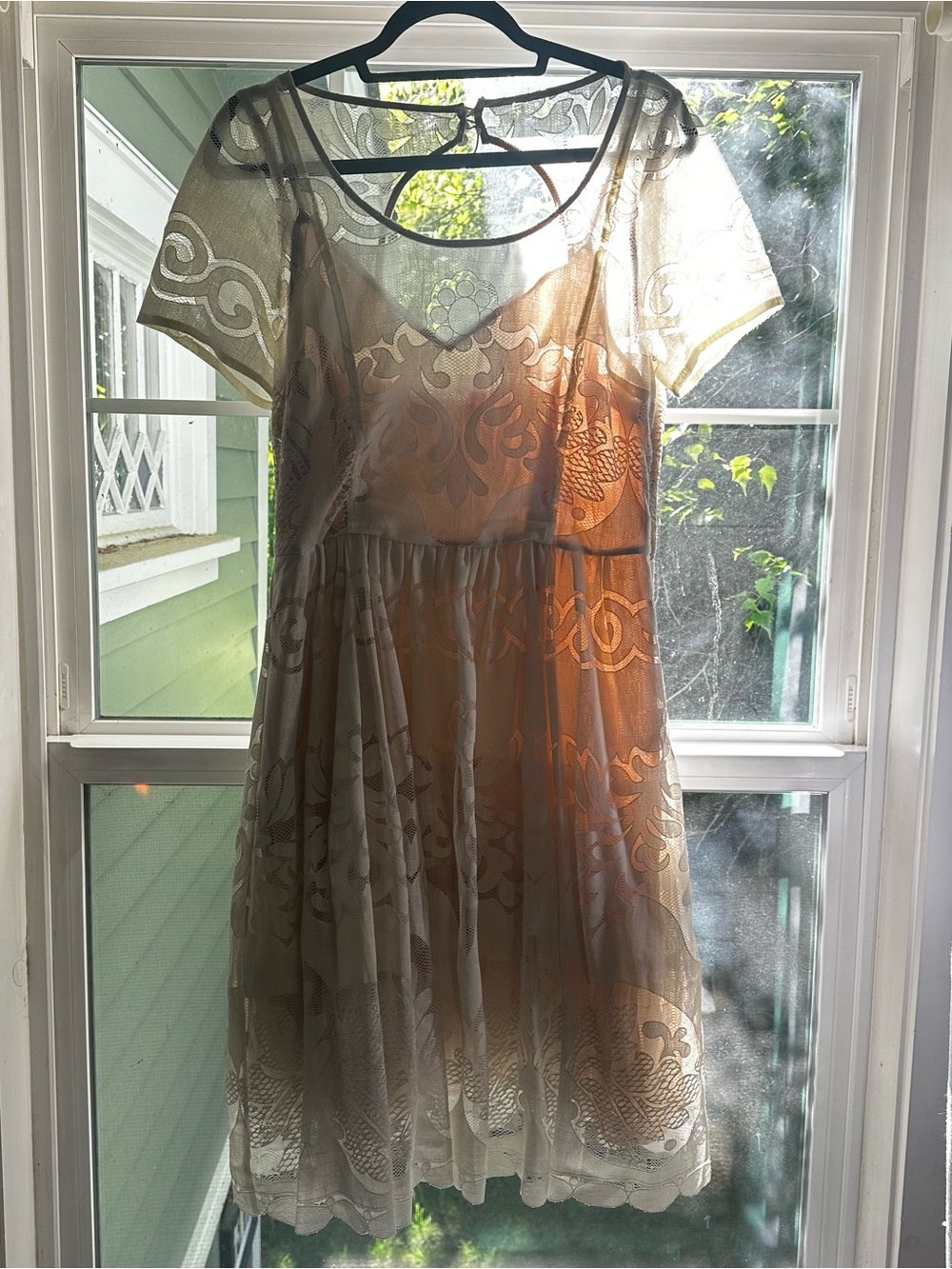 Anthropologie Lace Overlay Ivory Short-Sleeve Dress